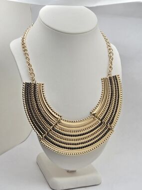 OPIA Boho Gold Tone Tiered Bib Statement Necklace Black Beads